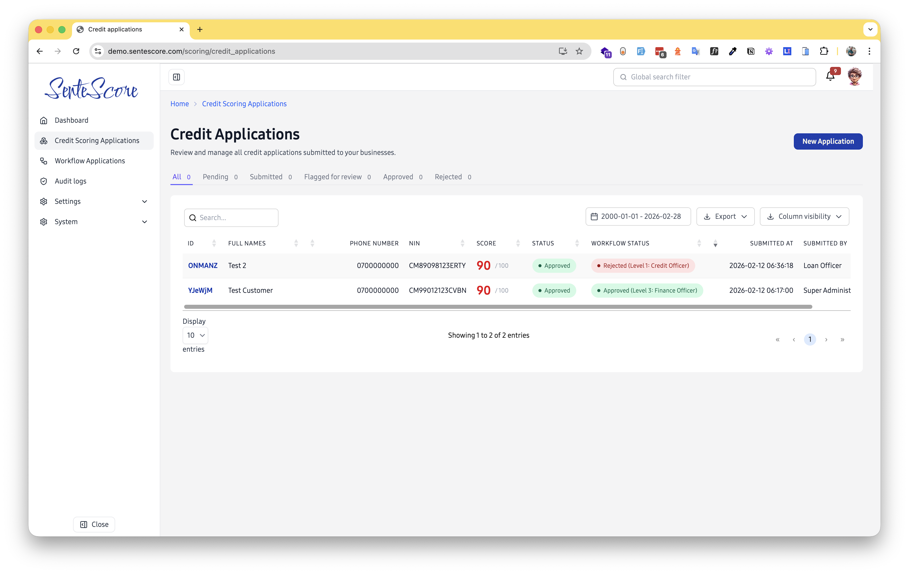 Credit Applications page