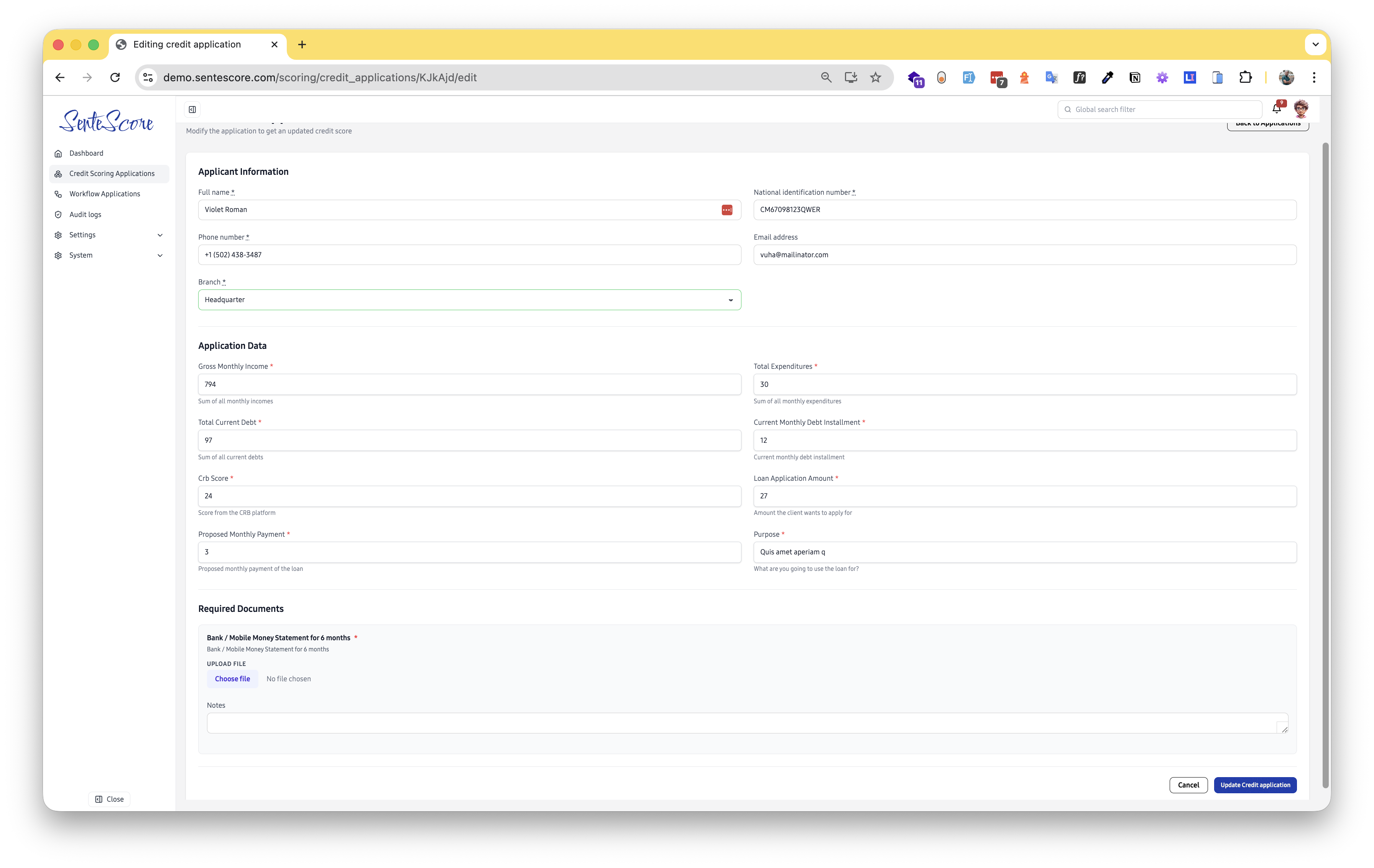 Edit Credit Application page